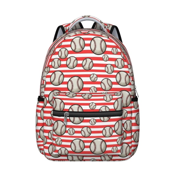 Baseballs and Stripes Red White Backpack for School, Cute School Bag with Adjustable Shoulder Straps and Padded Back, 15.3"x11"x7.1"