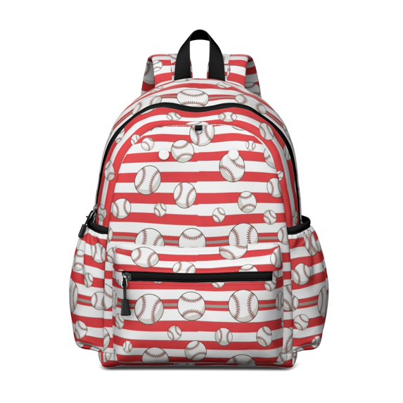 Baseballs and Stripes Red White Pattern Cute School Backpack with Padded Back and Adjustable Shoulder Straps 13.4"x11"x4.7"