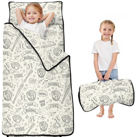 Baseballs and Text Light Beige Pattern Teens Toddler Nap Mat with Pillow, Sleeping Mat Bag for Preschool Daycare 50"x20"