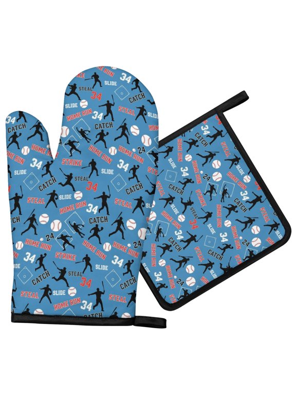 Baseballs and Words Blue Pattern Oven Mitts and Pot Holder Sets 1 Pcs for Kitchen Baking, Cooking and Grilling, Heat Resistant Up To 392 °F