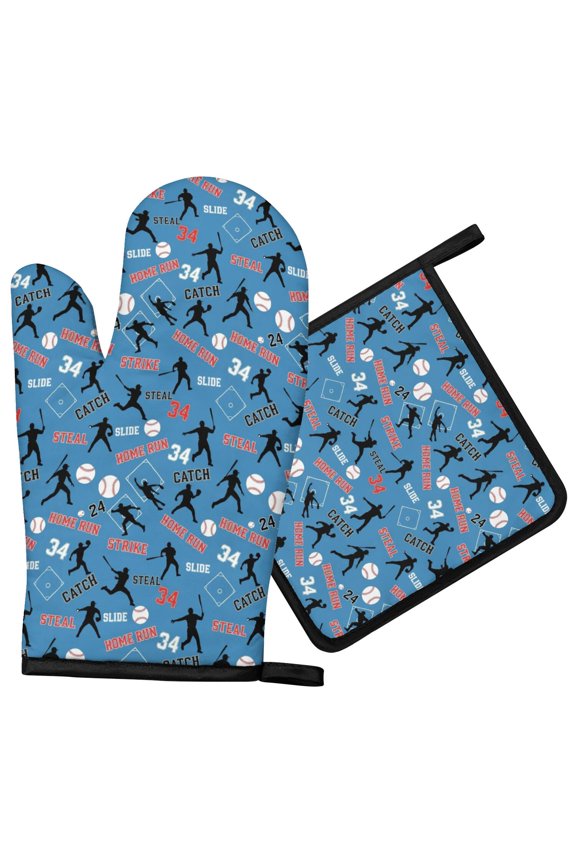 Baseballs and Words Blue Pattern Oven Mitts and Pot Holder Sets 1 Pcs for Kitchen Baking, Cooking and Grilling, Heat Resistant Up To 392 °F