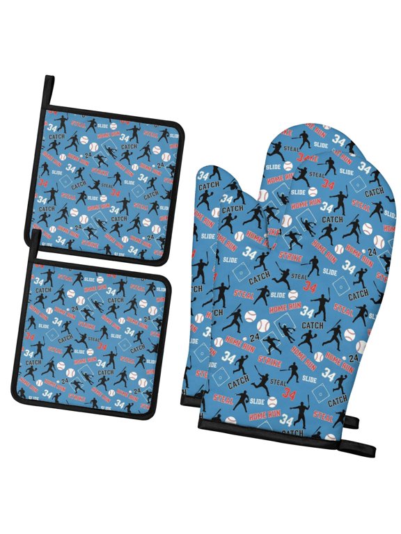 Baseballs and Words Blue Pattern Oven Mitts and Pot Holder Sets 2 Pcs for Kitchen Baking, Cooking and Grilling, Heat Resistant Up To 392 °F