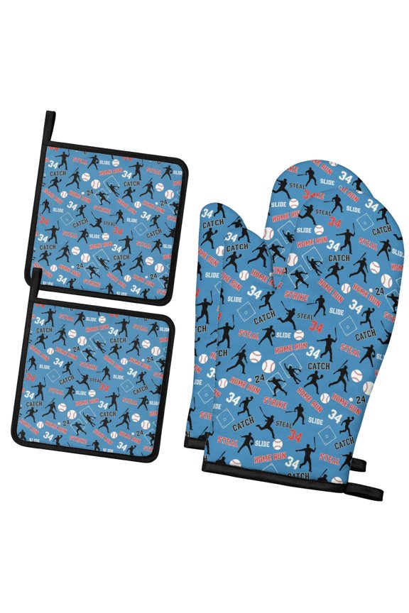 Baseballs and Words Blue Pattern Oven Mitts and Pot Holder Sets 2 Pcs for Kitchen Baking, Cooking and Grilling, Heat Resistant Up To 392 °F