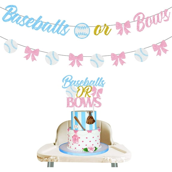 Baseballs or Bows Gender Reveal Banner Bunting Blue and Pink Baseballs Themed Cake Toppers He or She for Baby Shower Party, Pregnancy Announcement