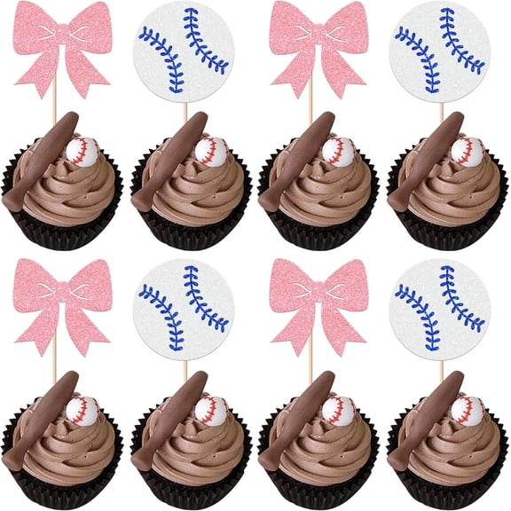 Baseballs or Bows Glitter Cupcake Toppers, Pink, Gender Reveal Baby Shower Party Decorations, 12 Pack