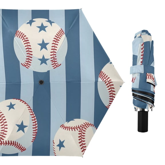 Baseballs with Star Patterns Blue Stripes All Weather Umbrella Triple Folding Parasol 6 Ribs UV Protection Portable