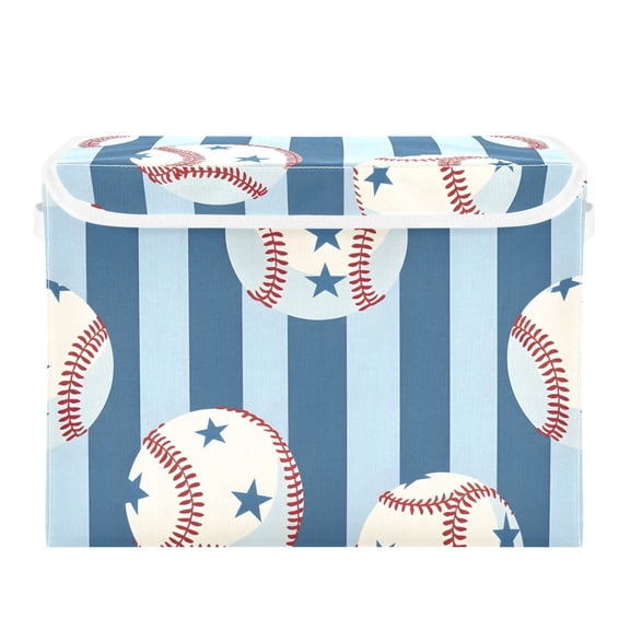 Baseballs with Star Patterns Blue Stripes Foldable Storage Bin with Lid and Handle Collapsible Storage Box 16.5 x 12.6 x 11.8 inches