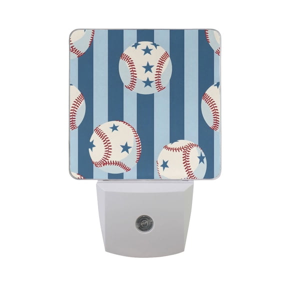 Baseballs with Star Patterns Blue Stripes LED Night Light with Smart Sensor Plug Into Wall Dusk to Dawn 2 packs