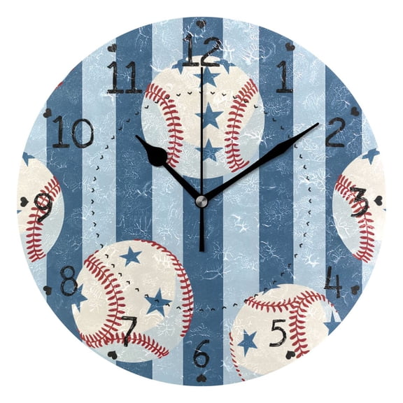 Baseballs with Star Patterns Blue Stripes Round Wall Clock Silent Analog Battery Operated Black Pointer Home Decor 9.84" Diameter
