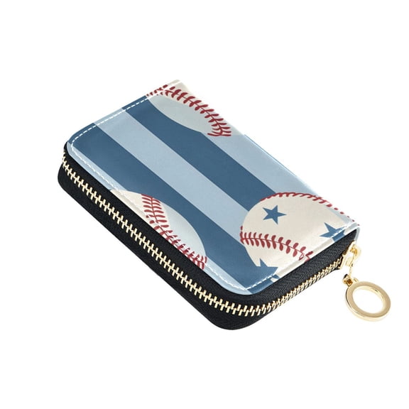 Baseballs with Star Patterns Blue Stripes Women's Credit Card Holder PU Leather Zipper Wallet RFID Blocking