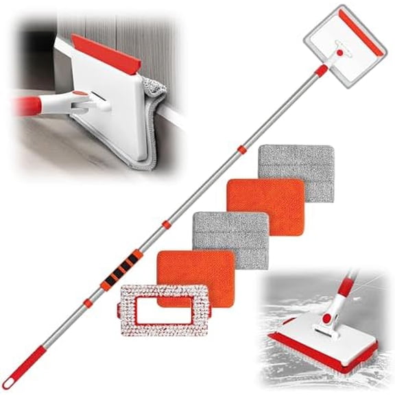 Baseboard Cleaner Tool with Handle, 56 inches Base Boards Cleaning Mop Scrubber, 1 Stiff Bristles Brush, 2 Chenille and 2 Microfiber Pads, Wall Duster for Floorboard Ceiling Window Tile