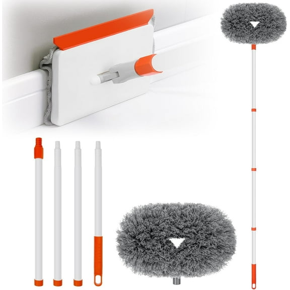 Baseboard Cleaner Tool with Handle, Extendable Long Handle Baseboard Cleaning Duster with Reusable Pads for Floorboard, Ceiling Fan Blade Cleaner Duster (Gray)