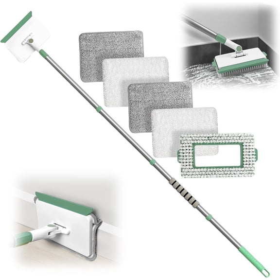 Baseboard Cleaner Tool with Handle, Wall Cleaner Mop with 54.7'' Adjustable Long Handled 1 Brush Mop and 4 Cleaning Pads for Baseboards Cleaning, Ceiling, Skirting Board