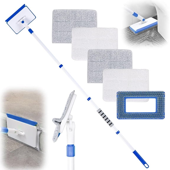 Baseboard Cleaner Tool with Long Handle,Wall Cleaner Mop with Extendable Handle 1 Stiff Bristles mop and 4 Cleaning Pads,Duster for Cleaning Tile Ceiling Window Skirting Board (Blue)