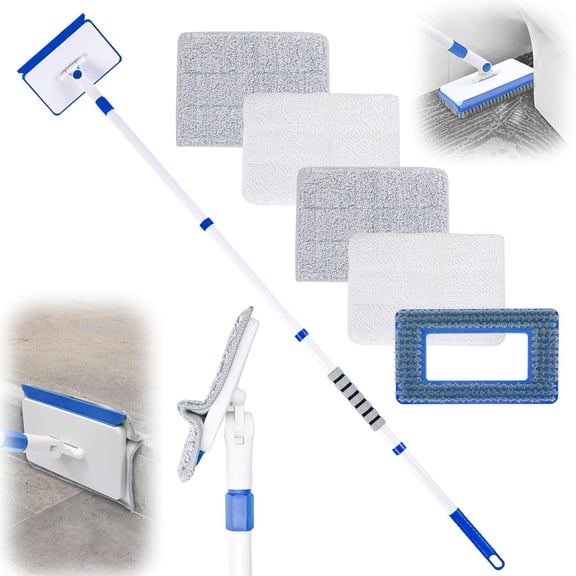 Baseboard Cleaner Tool with Long Handle,Wall Cleaner Mop with Extendable Handle 1 Stiff Bristles mop and 4 Cleaning Pads,Duster for Cleaning Tile Ceiling Window Skirting Board (Blue)
