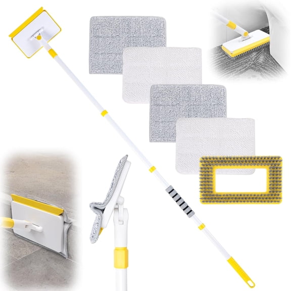 Baseboard Cleaner Tool with Long Handle,Wall Cleaner Mop with Extendable Handle 1 Stiff Bristles mop  and 4  Cleaning Pads,Duster for Cleaning Tile Ceiling Window Skirting Board