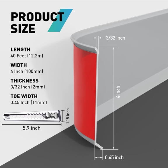 Baseboard Trim,4 Inch(W) x 40 Feet(L) Peel and Stick Flexible Baseboard Molding Trim, Self Adhesive Vinyl Baseboard Cove Base, Base Boards for Walls with 1 PCS Utility Knife,Gray