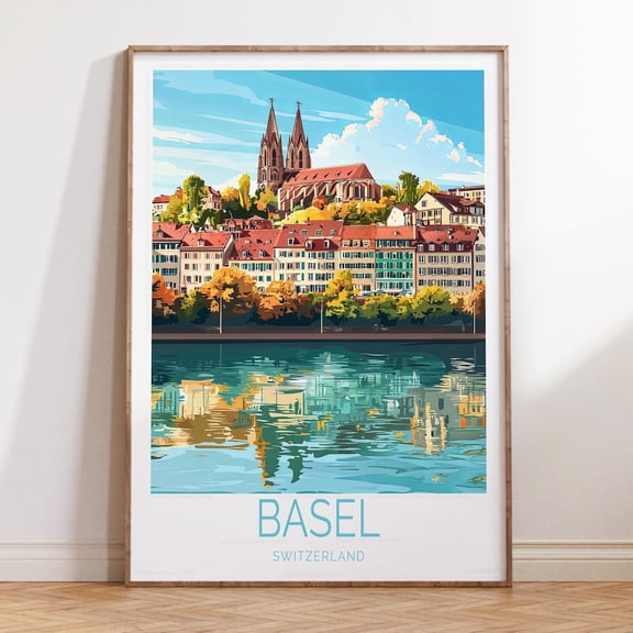 Basel Switzerland Historic River Cityscape Wall Art, Unframed Paper Print Size 8x12