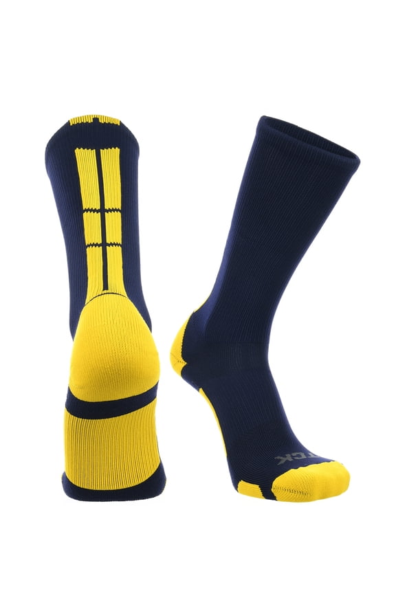 Navy Basketball Socks Boys Girls Youth Kids Womens Mens Basketball Socks Football, Baseline Crew (Navy Blue - Gold, Large)