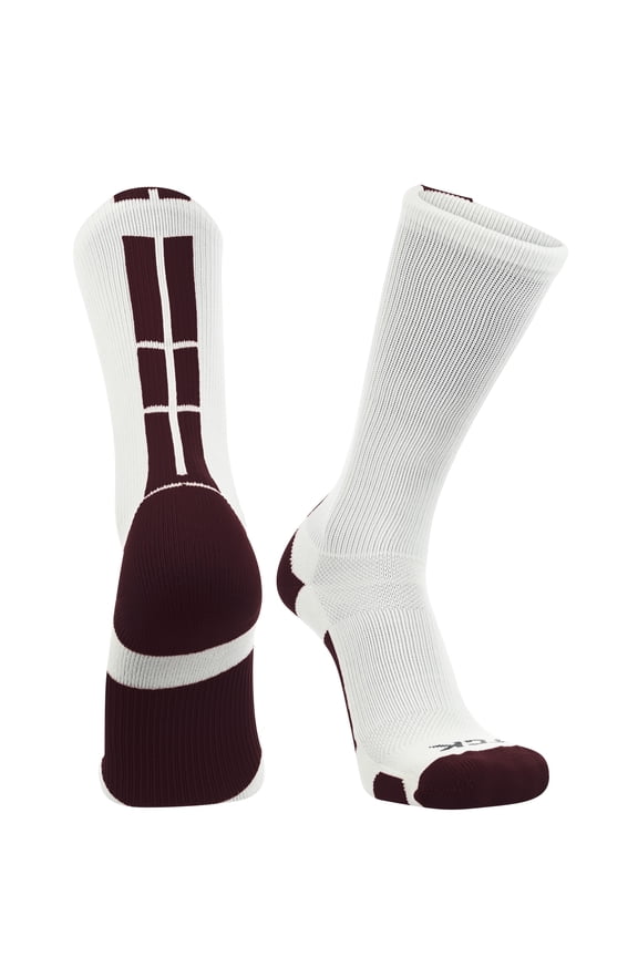 White Basketball Socks Boys Girls Youth Kids Womens Mens Basketball Socks Football, Baseline Crew (White - Maroon, Medium)
