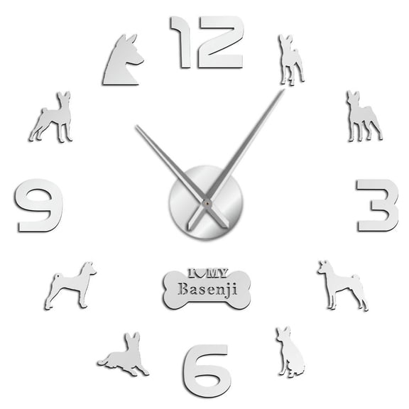 Basenji African Terrier Dog Silouette Frameless Wall Clock Stickers, DIY Modern Decorative Clocks for Living Room, Bedroom, Office - Easy to Install, Large 3D Clock Design (Silver,27in)