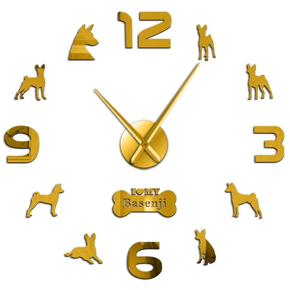 Basenji African Terrier Dog Silouette Frameless Wall Clock Stickers, DIY Modern Decorative Clocks for Living Room, Bedroom, Office - Easy to Install, Large 3D Clock Design (Gold,27in)