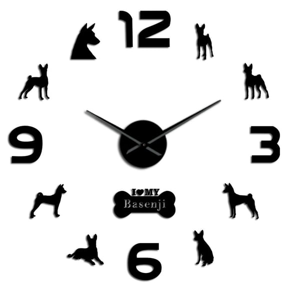 Basenji African Terrier Dog Silouette Frameless Wall Clock Stickers, DIY Modern Decorative Clocks for Living Room, Bedroom, Office - Easy to Install, Large 3D Clock Design (Black,27in)