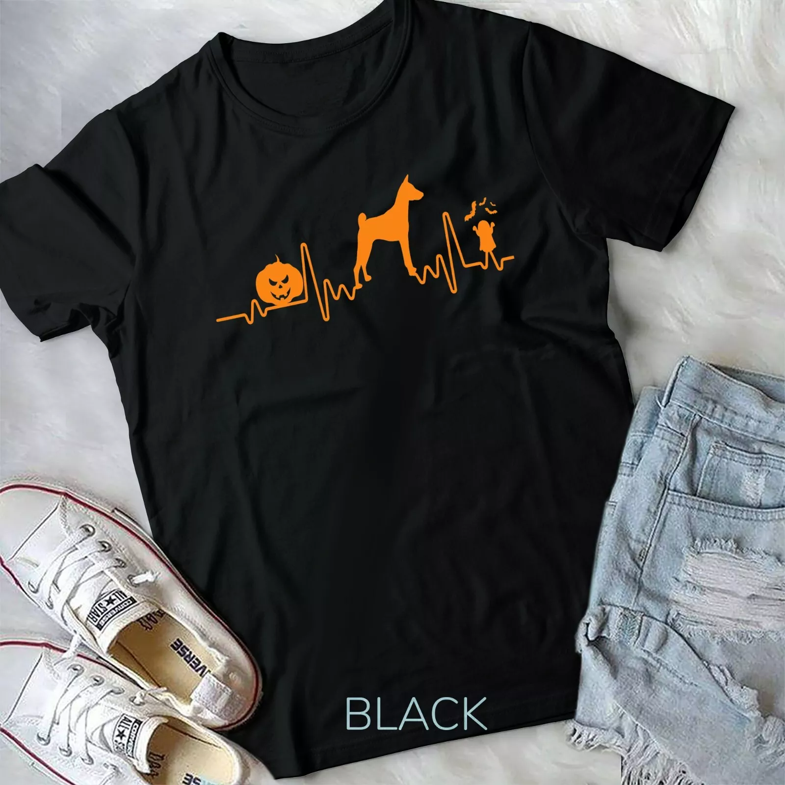 Basenji Dog Heartbeat Pumpkin Funny Halloween Costume Unisex Tshirt