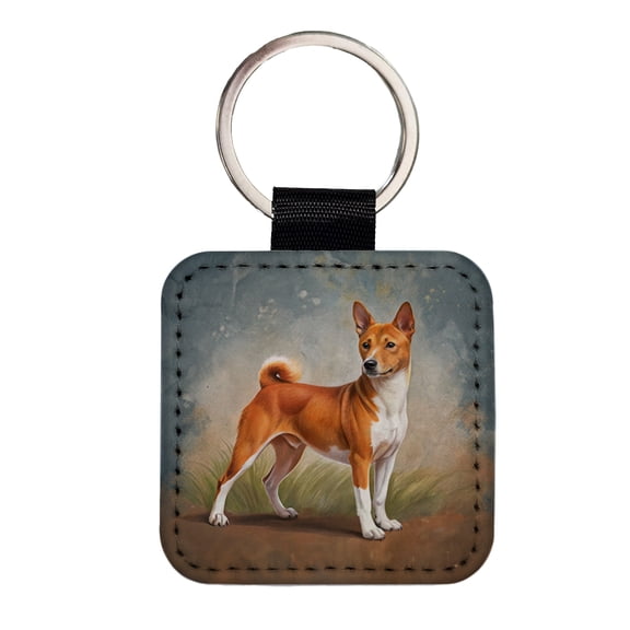 Basenji Dog Illustration Faux Leather Square Keychain