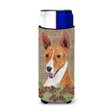 Basenji Faux Burlap and Pine cones Ultra Hugger for slim cans