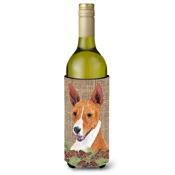 Basenji Faux Burlap and Pine cones Wine Bottle Hugger