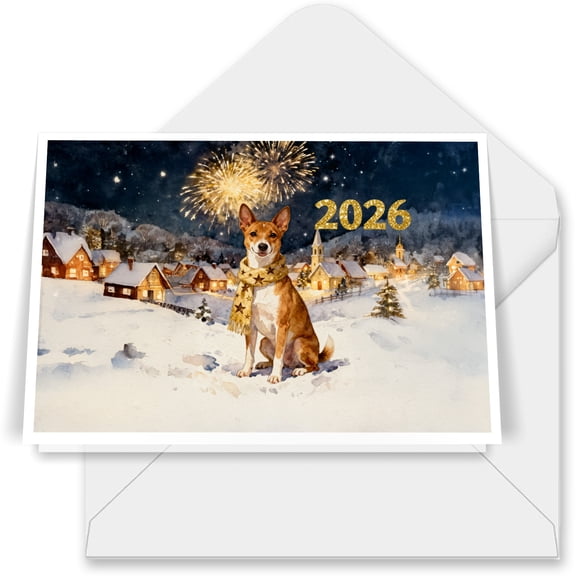 Basenji Happy New Year 2026 with Fireworks on New Year's Eve 7x5in Folded Greeting Card African Barkless Dog Lover Single Note Card with Envelope - 12022