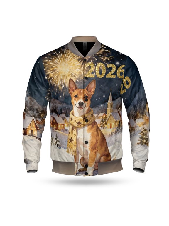 Basenji Happy New Year 2026 with Fireworks on New Year's Eve All Over Print 3D Baseball Jacket African Barkless Dog Lover Bomber Jacket Softball - 12022