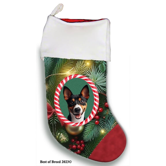 Basenji Tri - Best of Breed Christmas Stocking 13.5" Red Gaming Cloth with Red Lining ,Plush White Cuff