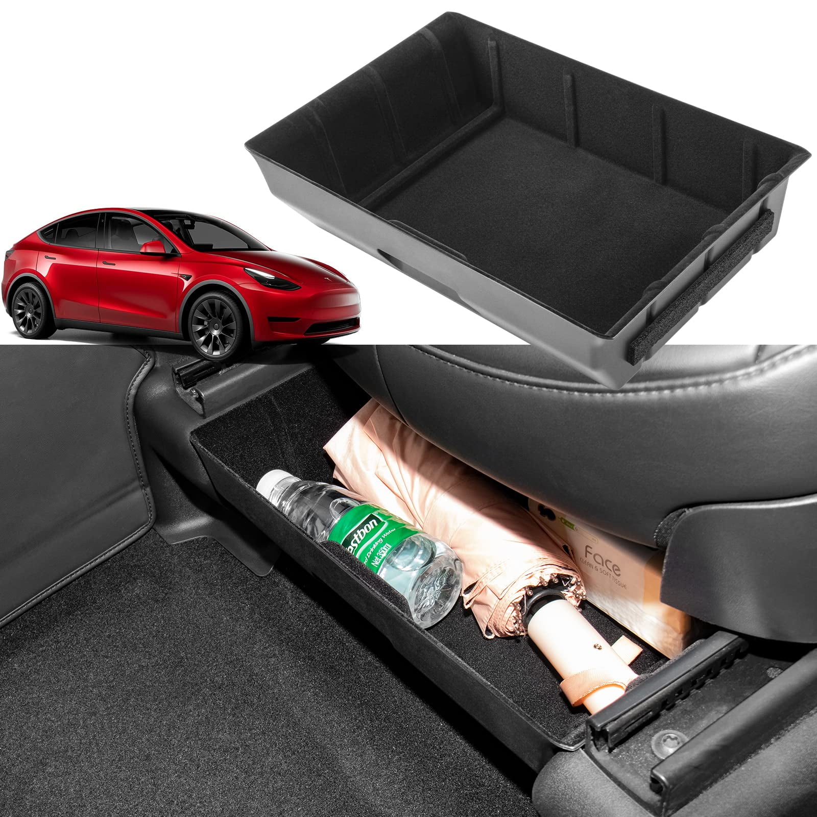 BASENOR Tesla Model Y Under Seat Storage Box Organizer Waterproof Hidden  Tray Underseat Bins with Lid Cover Storage Accessories 2020 2021 2022 2023