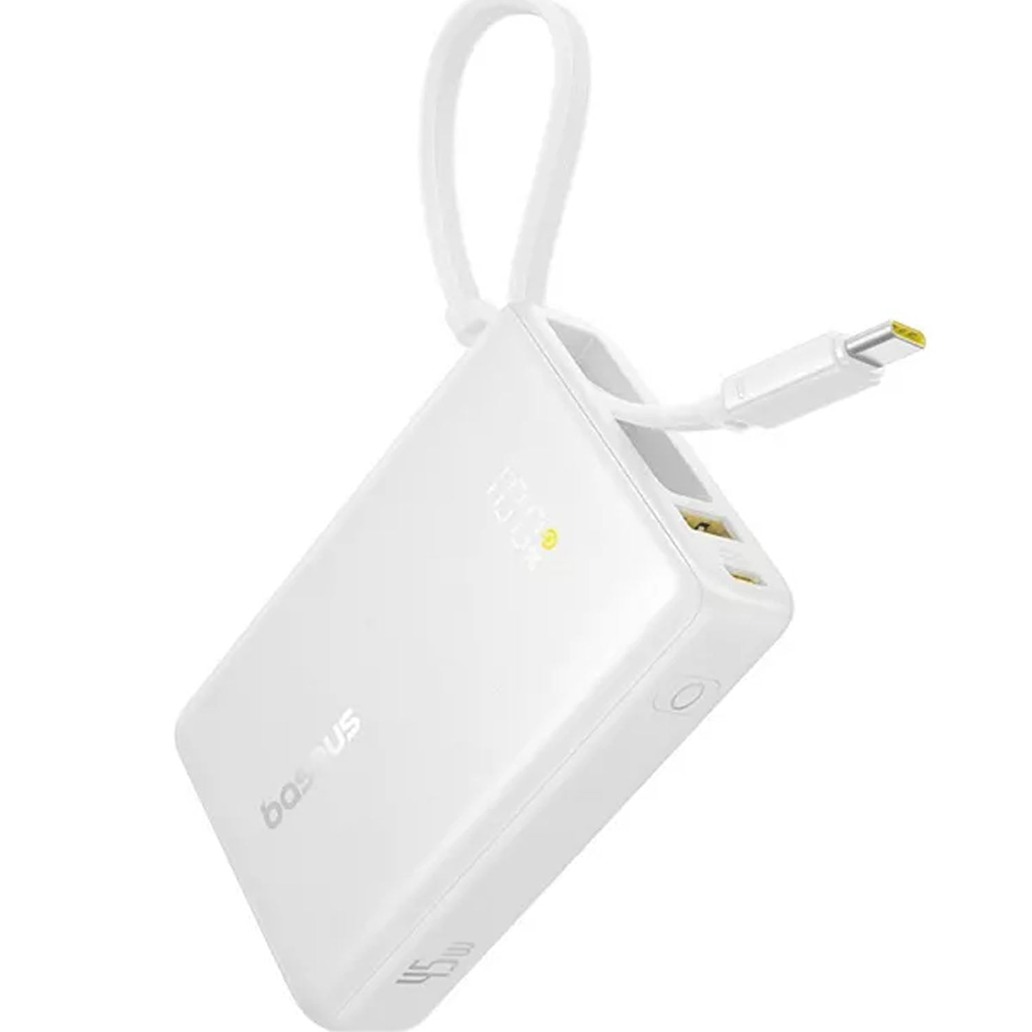 Baseus 10000mAh Power Bank,45W Portable Charger with Built-in USB-C Cable 3-Output LED Display, Fast Charging External Battery Pack Picogo Powerbank, White