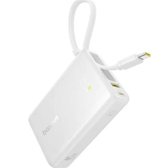 Baseus 10000mAh Power Bank,45W Portable Charger with Built-in USB-C Cable 3-Output LED Display, Fast Charging External Battery Pack Picogo Powerbank, White