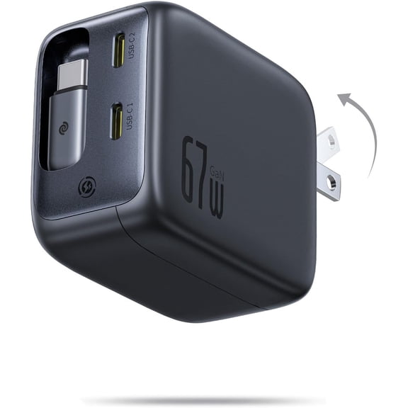 Baseus 67W Retractable USB C Charger Block, 3-in-1 Compact GaN Wall Adapter with Foldable Plug for MacBook, iPhone 17 16