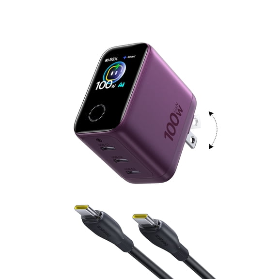 Baseus PicoGo Pro 100W USB-C GaN Charger with Smart Display, 3-Port Fast Wall Charger, Foldable Plug, USB-C Cable Included (AH22)
