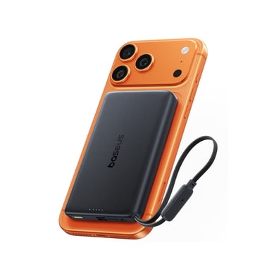 Baseus Picogo Magnetic Power Bank 10,000mAh, Qi2.2 Certified 25W Wireless Fast Charger with Built-in 45W USB-C Cable Lanyard, Slim Portable Battery Pack for iPhone 17/16/15, Travel Essential
