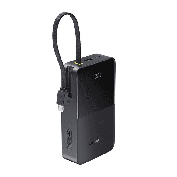Baseus 20000mAh Power Bank with Built-in Cables, 22.5W Fast Charging Travel Essentials Battery Pack with Digital Display, Black
