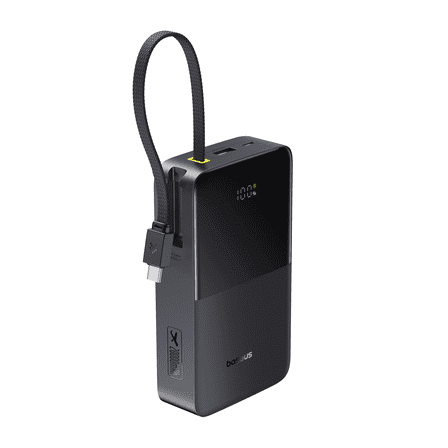 Baseus 20000mAh Power Bank with Built-in Cables, 22.5W Fast Charging Travel Essentials Battery Pack with Digital Display, Black