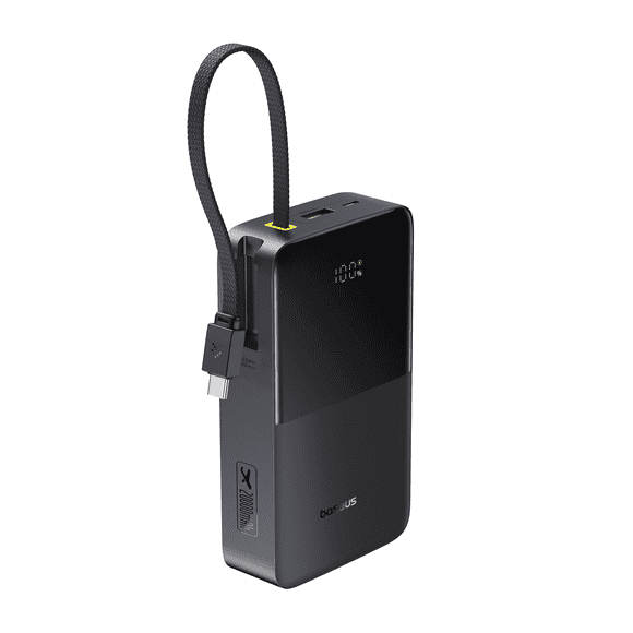 Baseus 20000mAh Power Bank with Built-in Cables, 22.5W Fast Charging Travel Essentials Battery Pack with Digital Display, Black