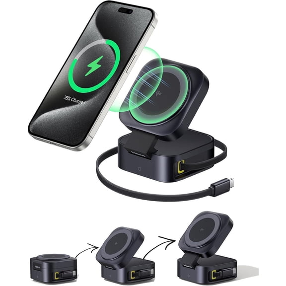 Baseus PicoGo Wireless Charger, Qi2 Certified 15W Magnetic Charger Stand with 65W Retractable Cable, 2-in-1 Wireless Charging Station