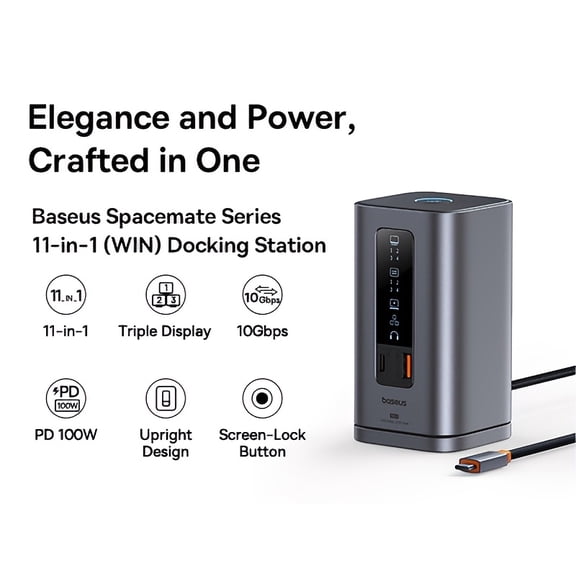 Baseus Spacemate 11-in-1 USB C Docking Station, Triple Display Laptop Dock with HDTV, DP, PD Charging, USB Ports, Gigabit Ethernet, 3.5mm Audio for Windows