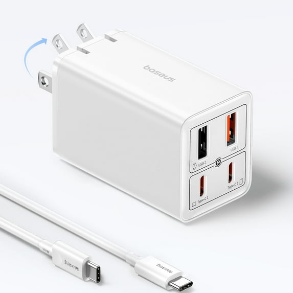 Baseus USB C Charger, 65W Wall Charger with USB C Cable, Fast Charging 4-Port USB Charger, White