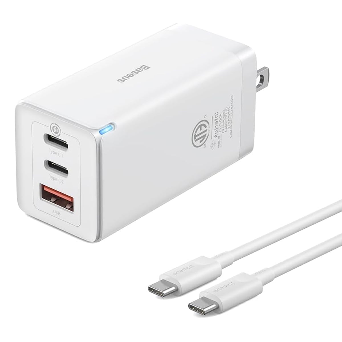 Baseus 65W USB C Fast Charger With Usb C Cable, Compact Gan Charger Block, White