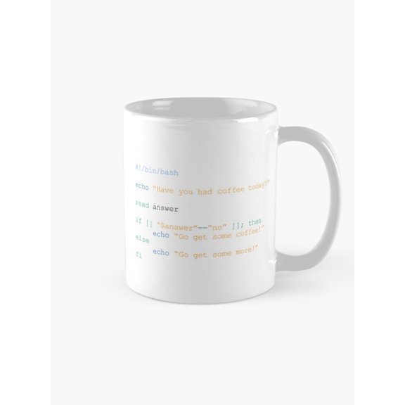 Bash Script Coffee Code Mug, 11oz Ceramic, Blue, Green and Gold Programming Theme