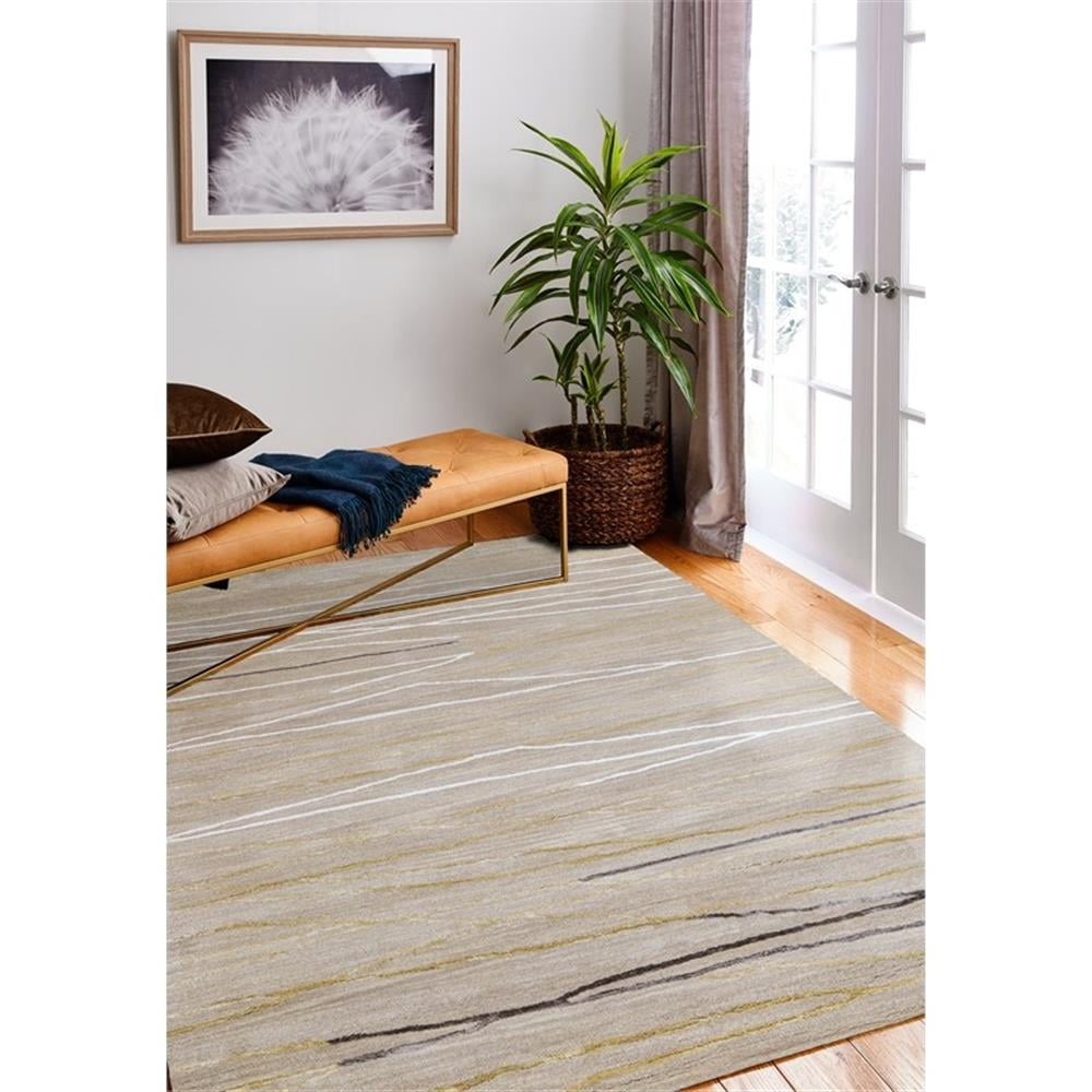 Beige and White Geometric Wool and Viscose Handmade Rug 4' x 6'