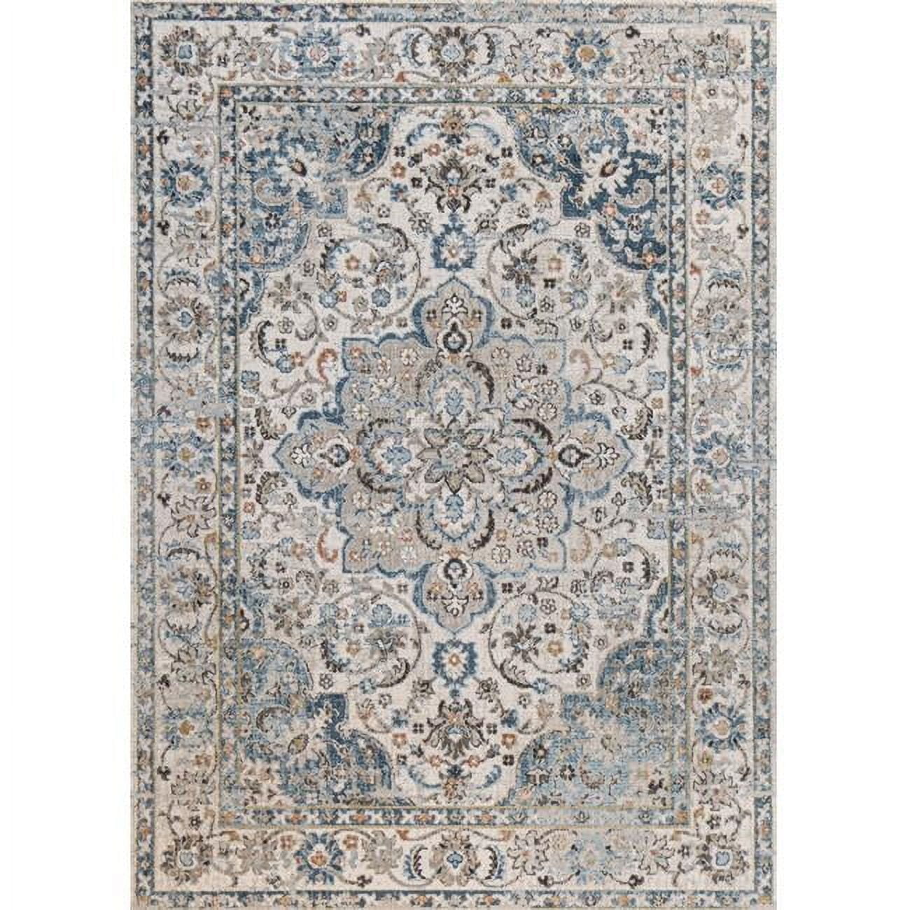 Ivory and Blue Rectangular Synthetic Stain-Resistant Area Rug